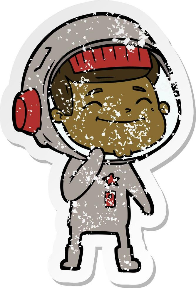 distressed sticker of a happy cartoon astronaut vector