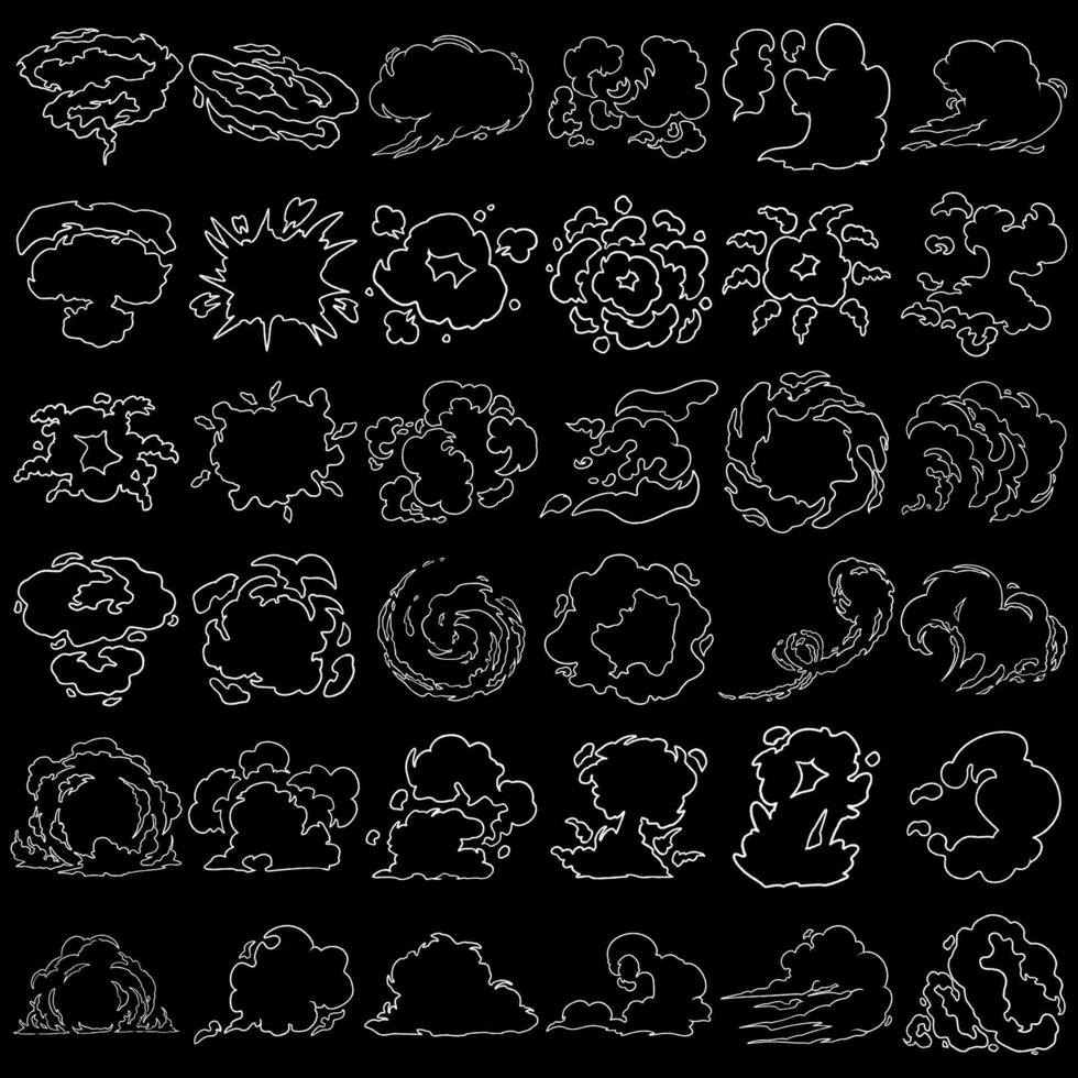 hand drawn bundle of assorted line art explosions and smoke, suitable for stickers and decorations vector