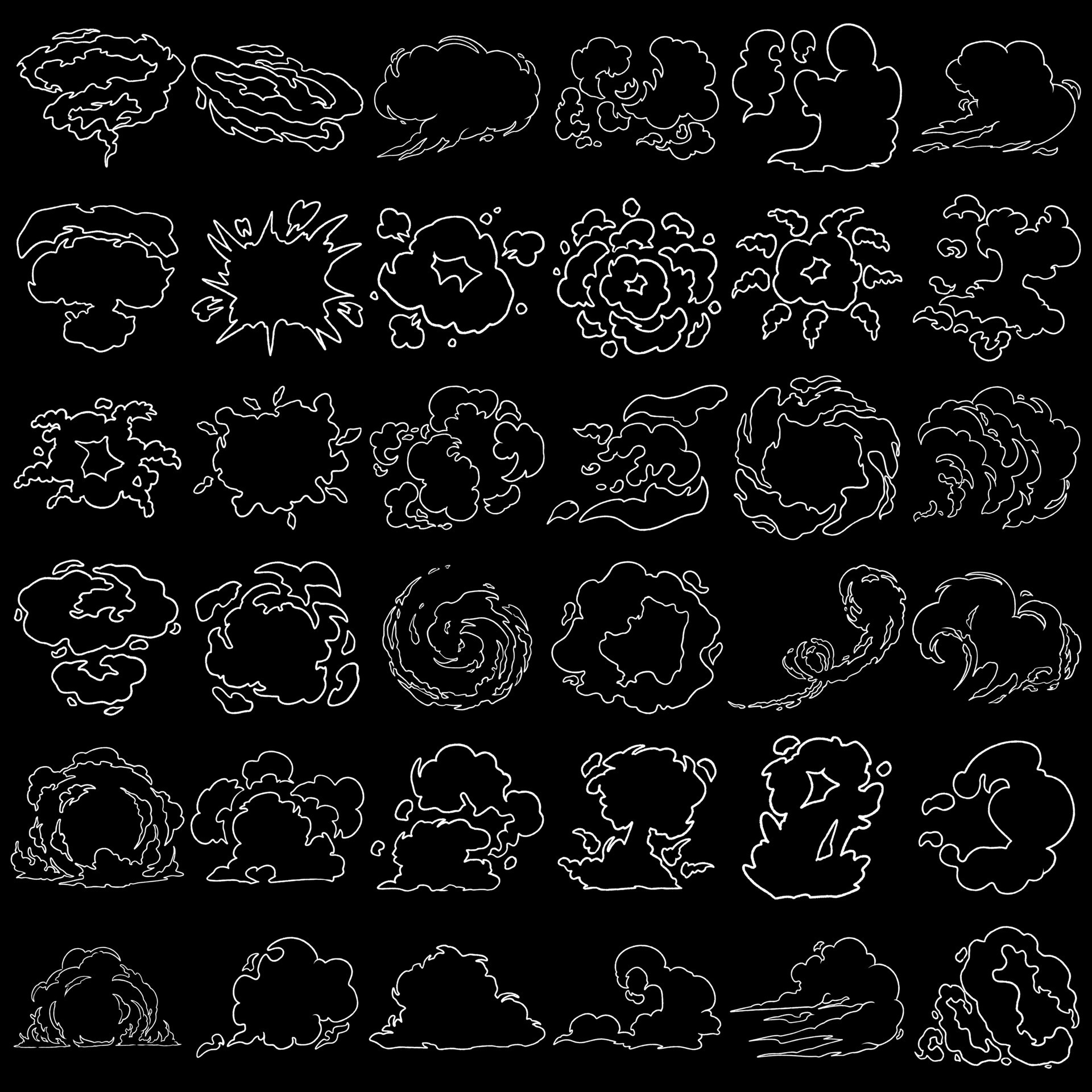 hand drawn bundle of assorted line art explosions and smoke, suitable