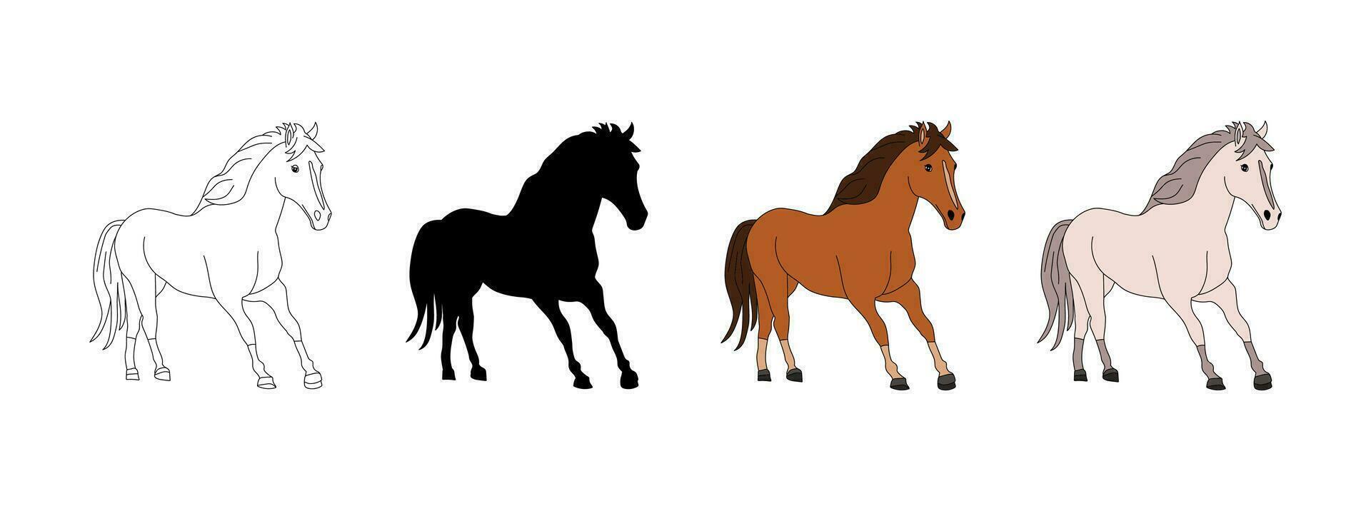 Horse in cartoon . Silhouette, outline, coloring bay, white horse. Isolated vector. Wild, domestic horse. Postcard, emblem, equestrian club, hippodrome, pet shop, coloring book, educational vector