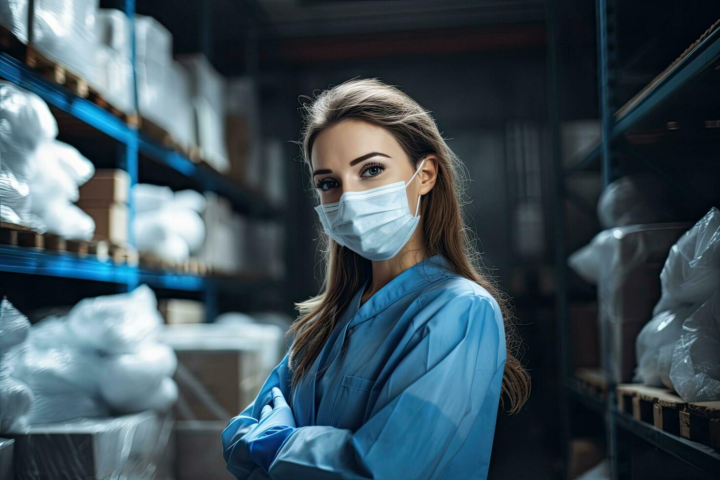 Portrait of a female warehouse worker in protective mask looking at camera, A young female doctor in a medical mask and gloves is working in a warehouse, AI Generated photo