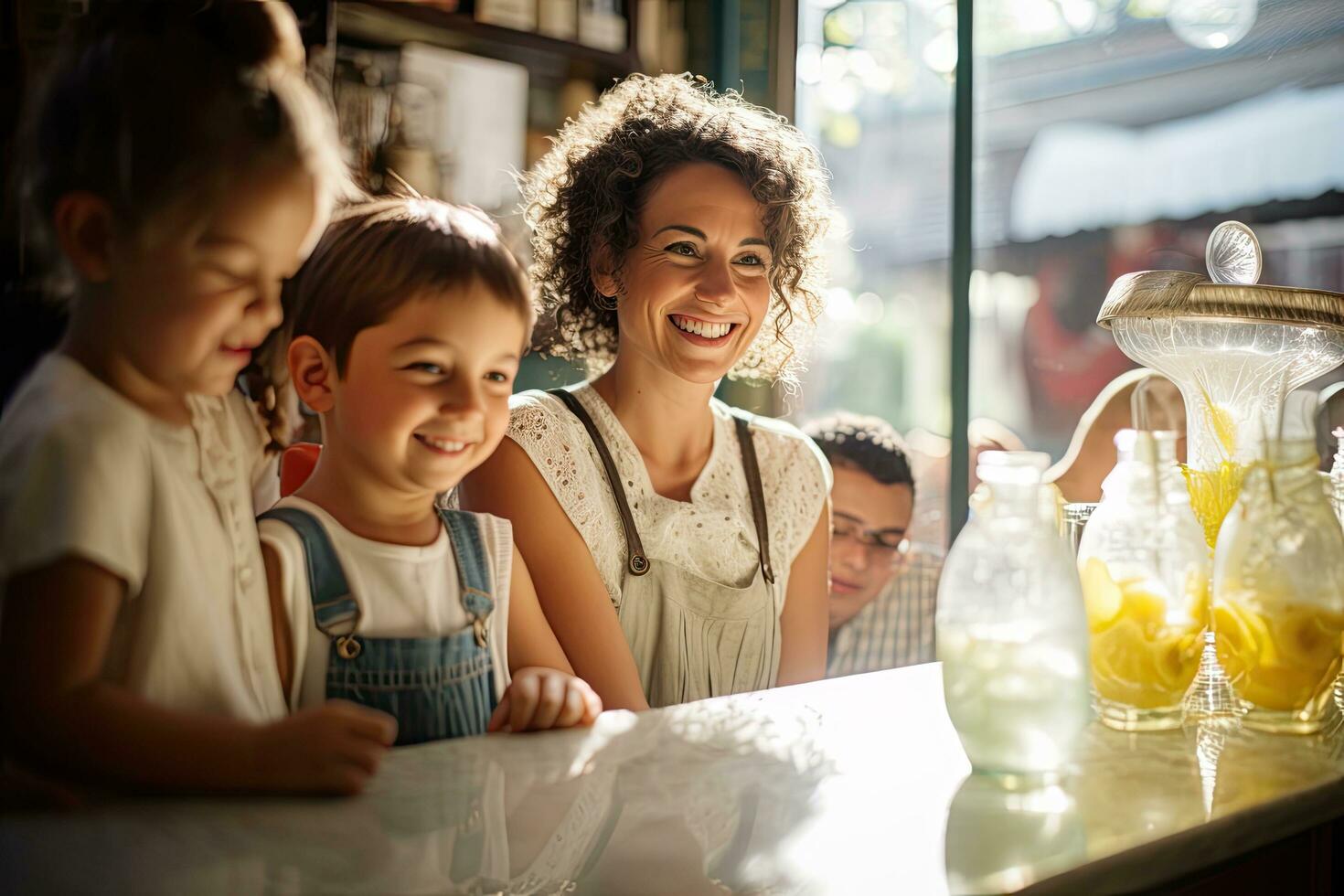 Happy family with two kids in a cafe. They are looking at camera and smiling. family enjoying a steaming cup of lemonade on a sunny day in a quaint, cozy coffee shop, AI Generated photo