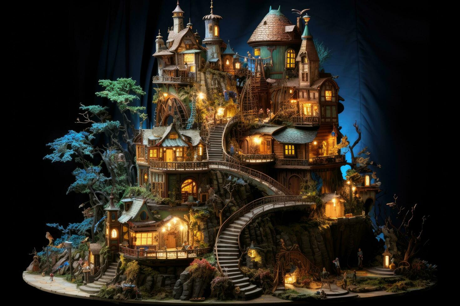 Fairy tale castle made of wood on a black background. 3d rendering, fairytale castle where the fairies and goblins live together in harmony, AI Generated photo