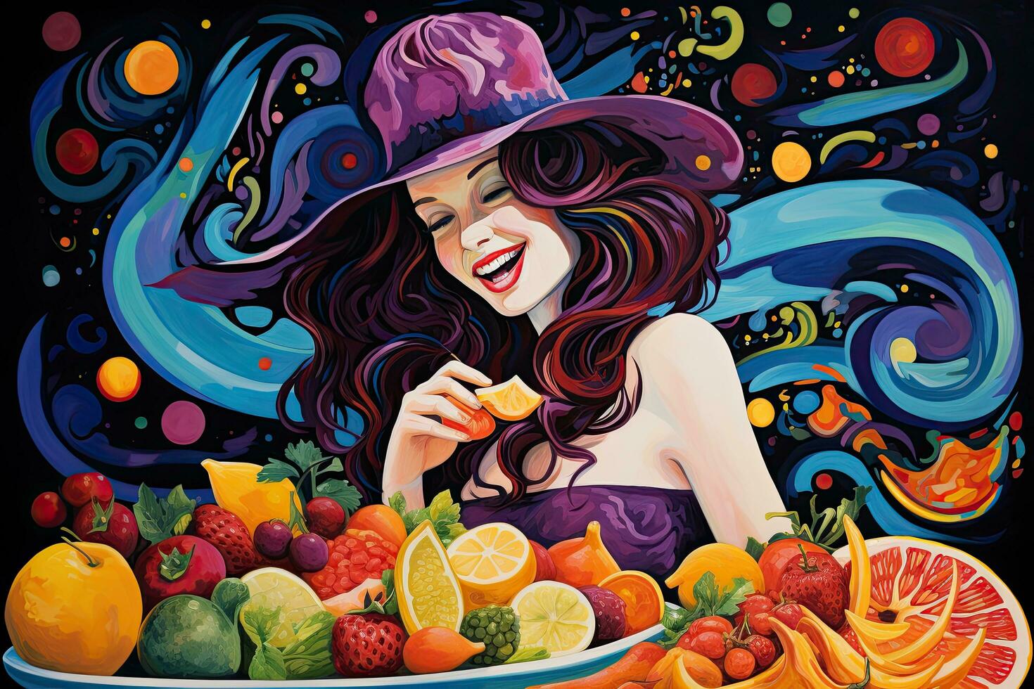 Beautiful girl in a hat with a plate full of fruits. young woman gorging on a small bowl of salad, her face filled with joy as she chews on the colorful and vibrant fruits, AI Generated photo