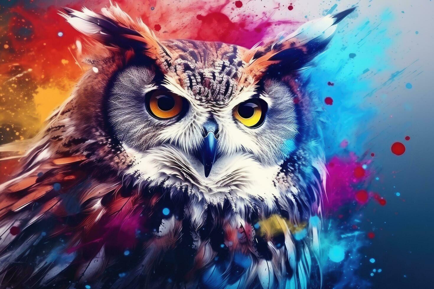 Beautiful portrait of an owl on a colorful background. Digital painting. Abstract animal Owl portrait closeup with colorful double-exposure paint, AI Generated photo