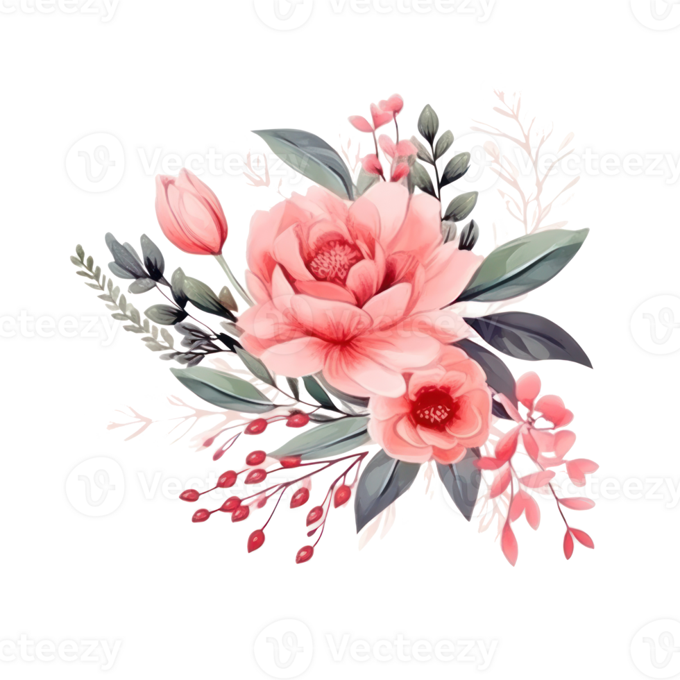 Watercolors pink flower bouquets leaf branches isolated png