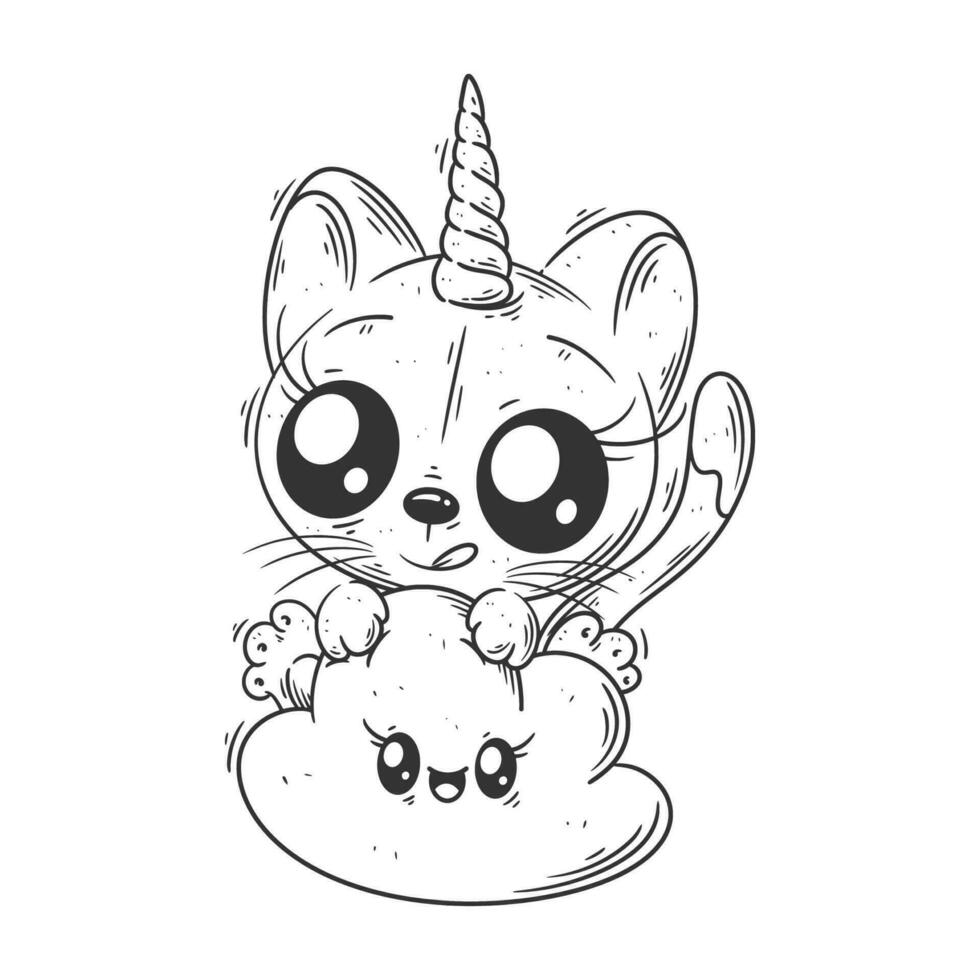 Cute unicorn cat sitting on a cloud for coloring vector