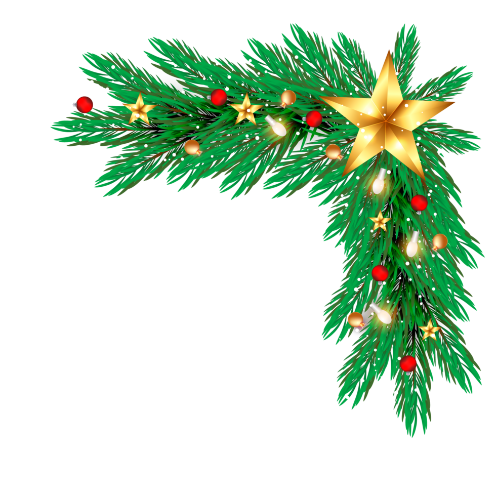 Weihnachten Ecke Dekoration mit Weihnachten Kugel, Kiefer Ast und Schnee biegen png