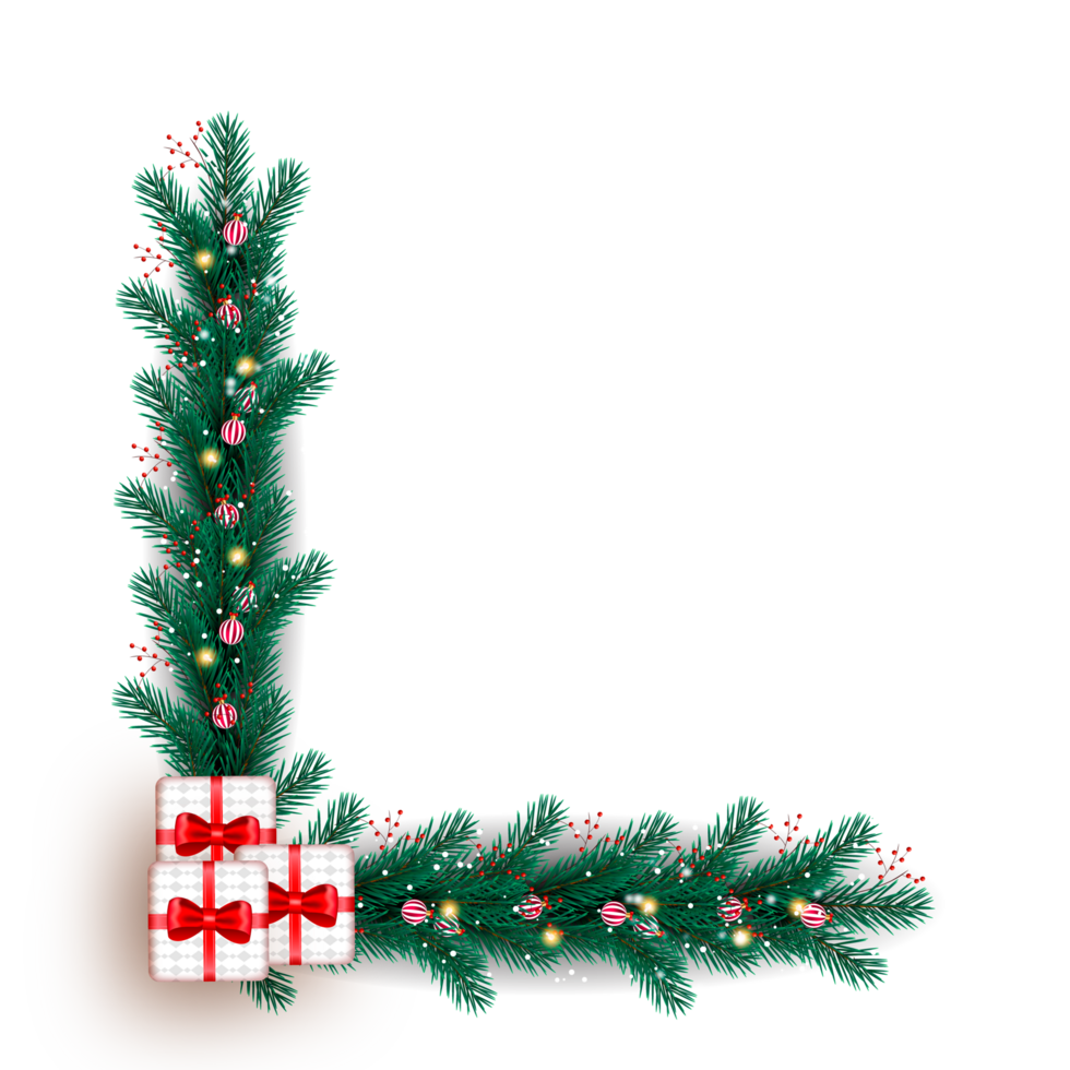 christmas corner  decoration with christmas ball,pine branch and snow flex png