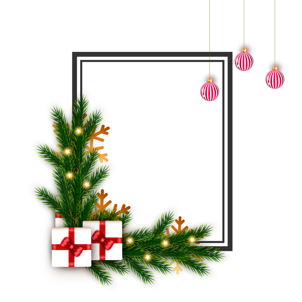 christmas frame decoration with christmas ball,pine branch and snow flex png