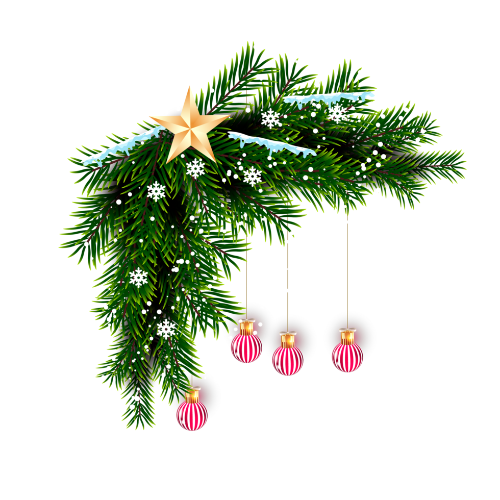 christmas corner  decoration with christmas ball,pine branch and snow flex png