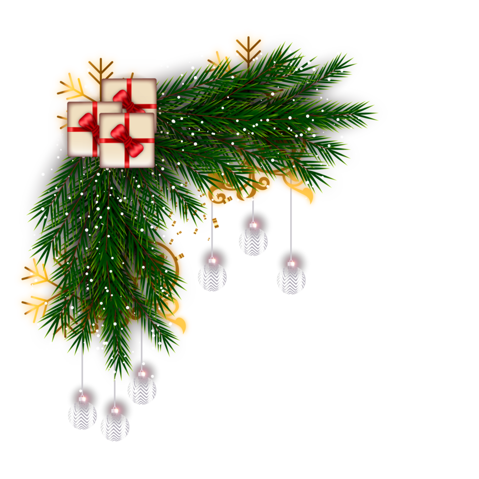 christmas corner  decoration with christmas ball,pine branch and snow flex png