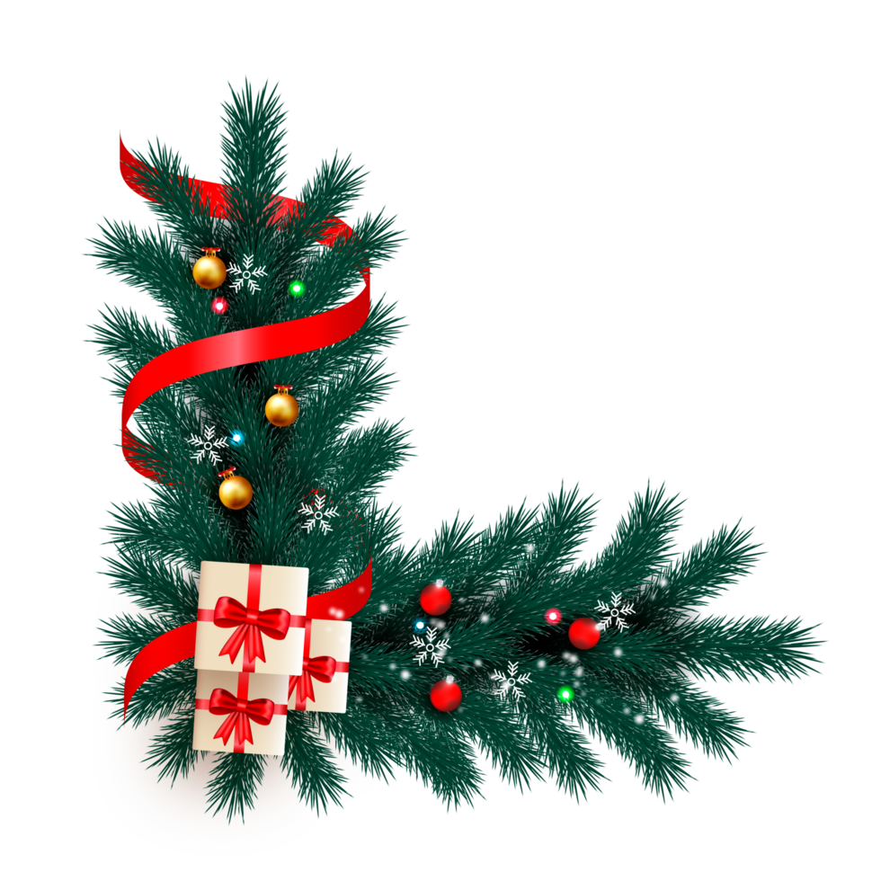 christmas corner  decoration with christmas ball,pine branch and snow flex png
