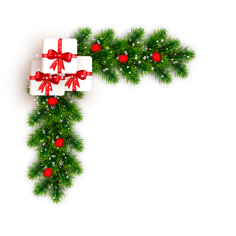 christmas corner  decoration with christmas ball,pine branch and snow flex png