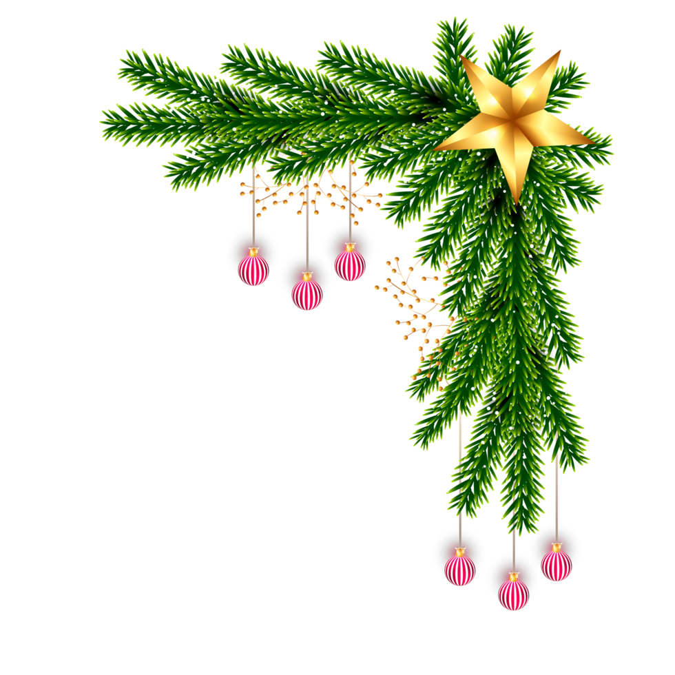 christmas corner  decoration with christmas ball,pine branch and snow flex png