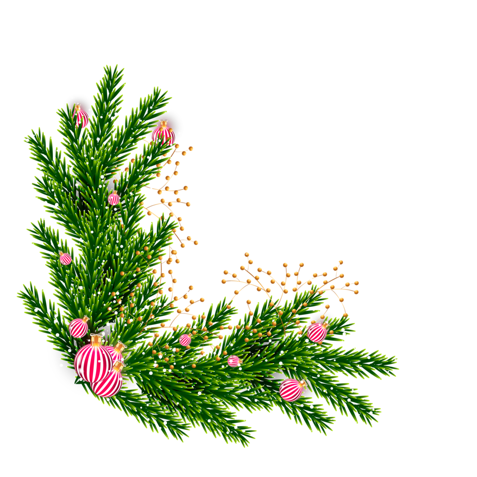 christmas corner  decoration with christmas ball,pine branch and snow flex png