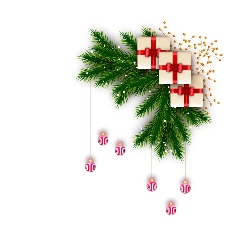 christmas corner  decoration with christmas ball,pine branch and snow flex png