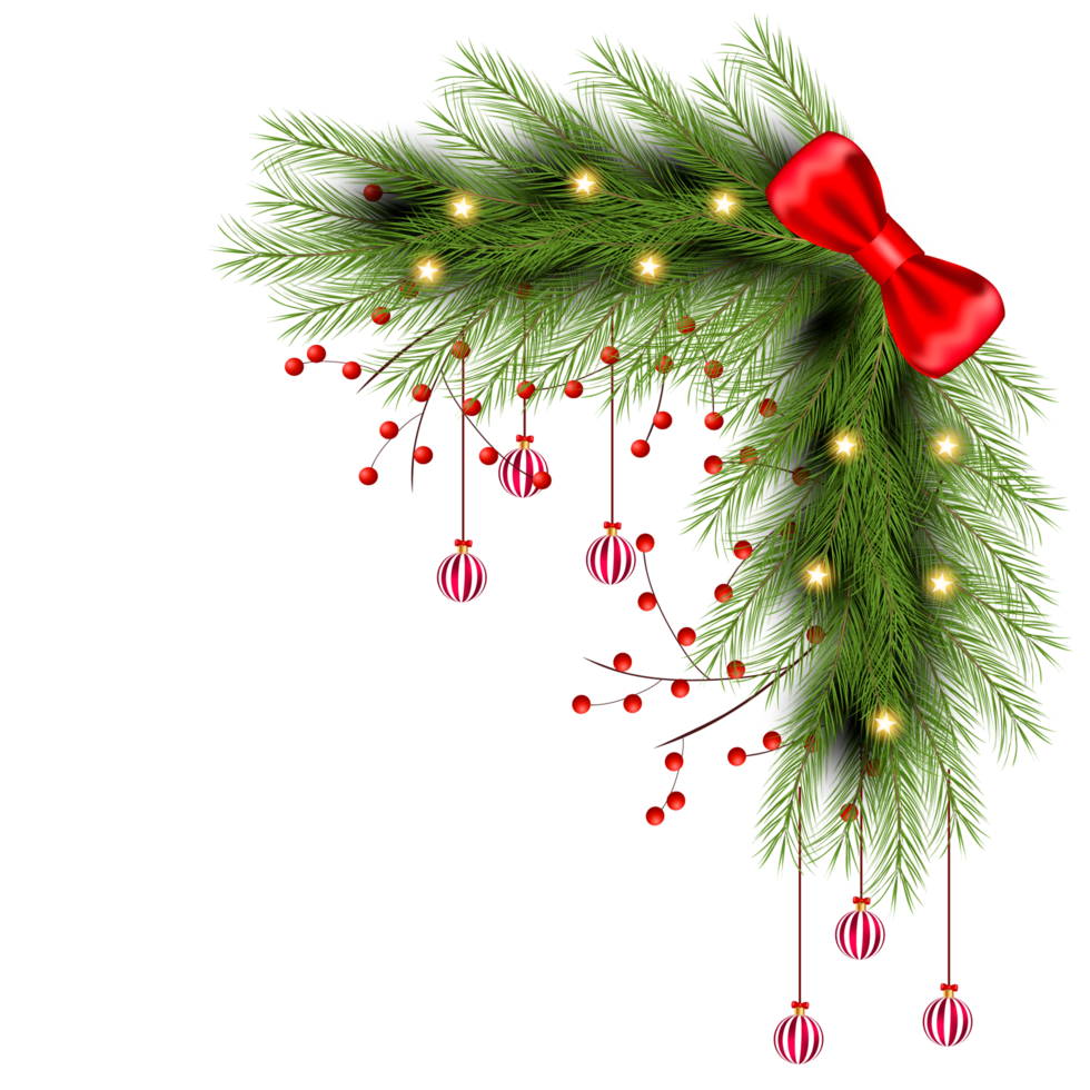 christmas corner  decoration with christmas ball,pine branch and snow flex png