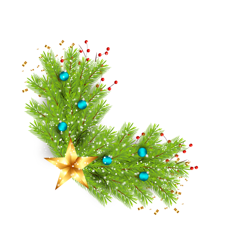 christmas corner  decoration with christmas ball,pine branch and snow flex png