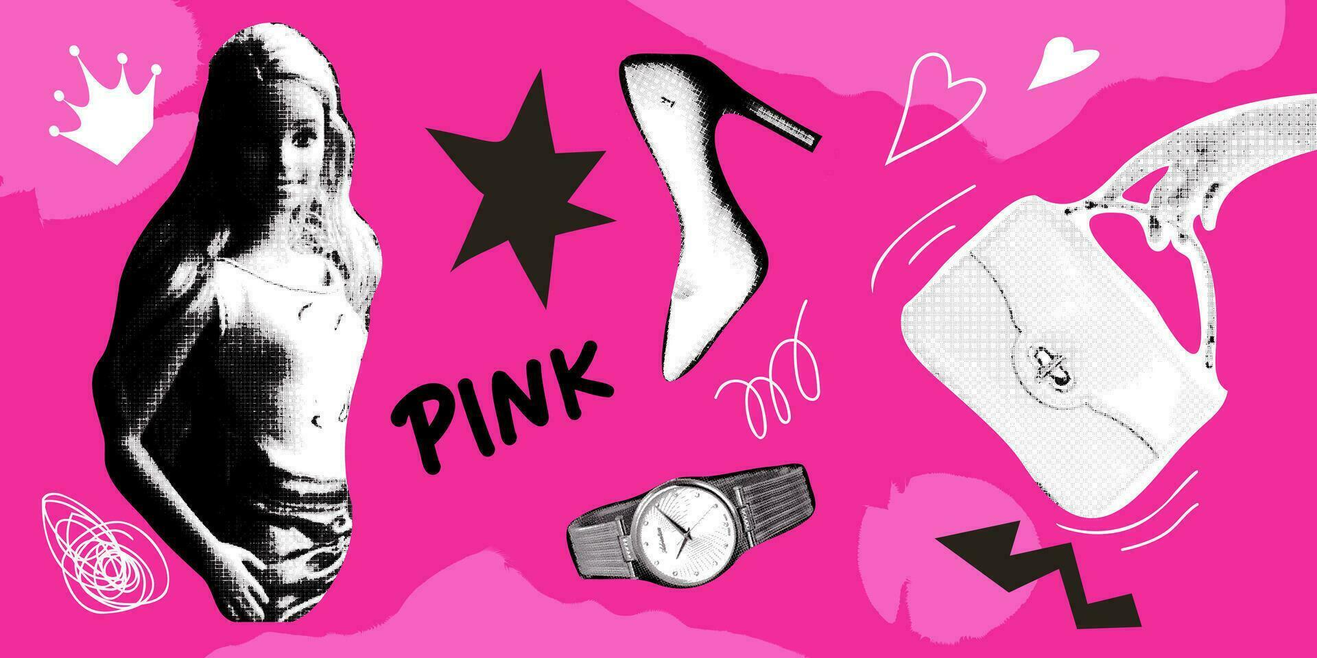 barbiecore colocar. collage elementos con muñeca, zapatos, mirar, bolso. atractivo de moda rosa accesorios colocar. Clásico vector colocar. nostálgico rosado 2000 estilo.