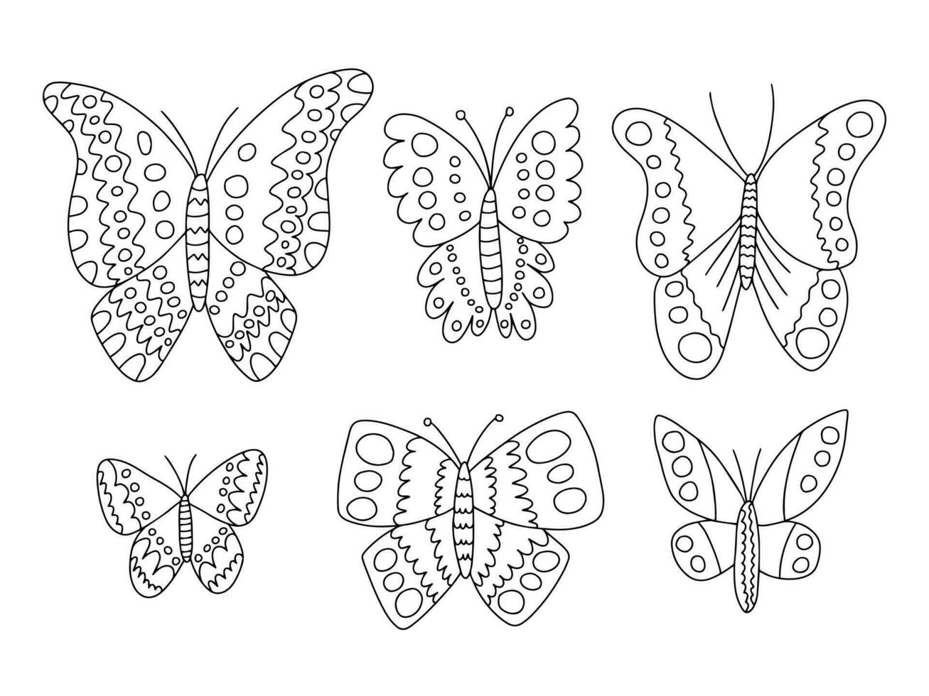 diferente tipos mariposas vector mano dibujado colocar. negro y blanco mariposas garabatear colocar. repollo, pavo real mariposa y púrpura emperador