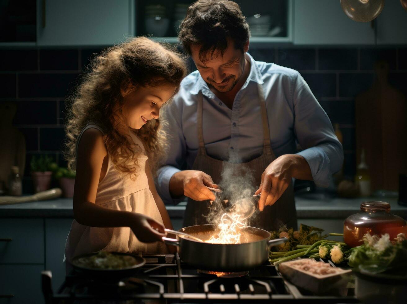 Father and daughter in the kitchen cooking photo