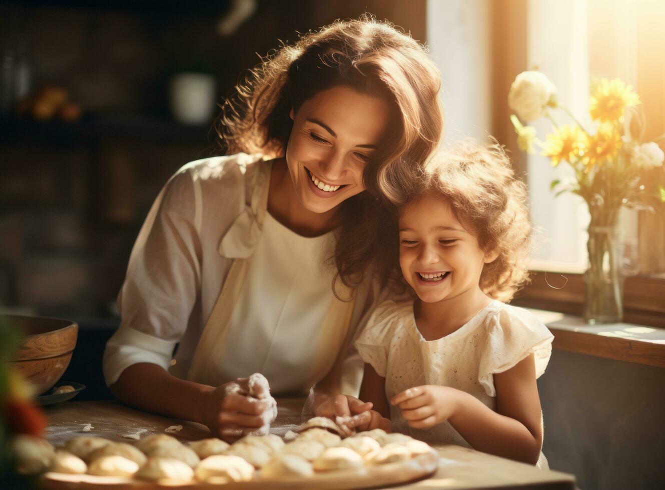 madre Cocinando con su hija a cocina en un soleado día foto