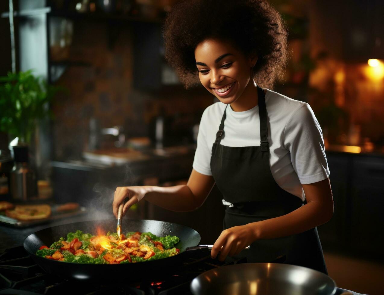 Woman cooking vegetables with pan on stove photo