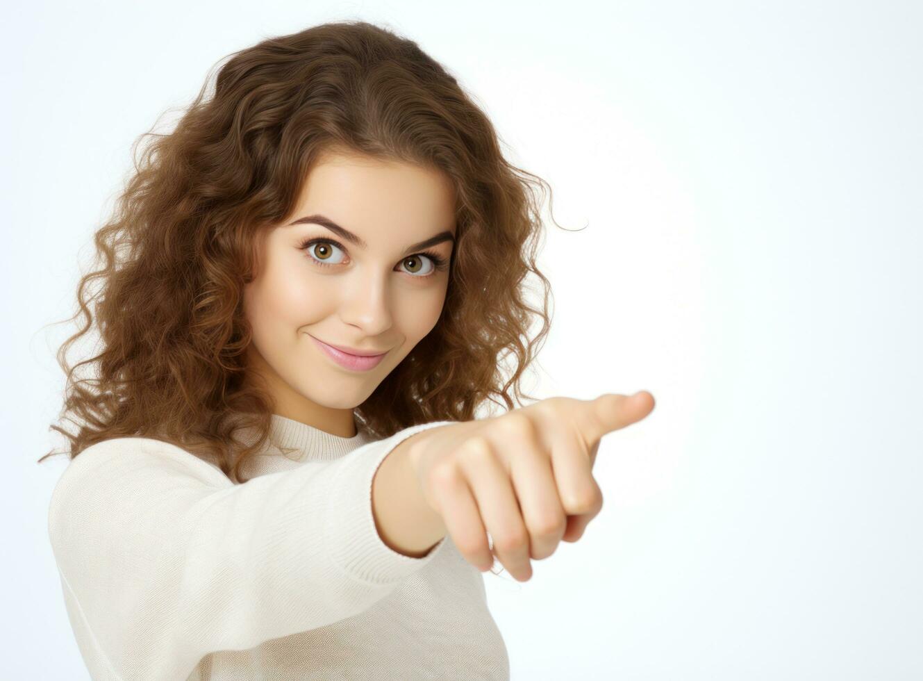 Young girl looking at camera while pointing her finger photo