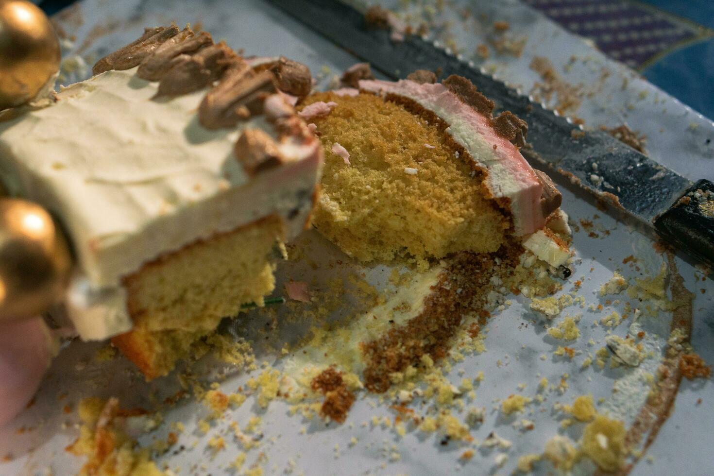 Slice of Delicious birthday cake on plate on white table on light background with blurred background photo