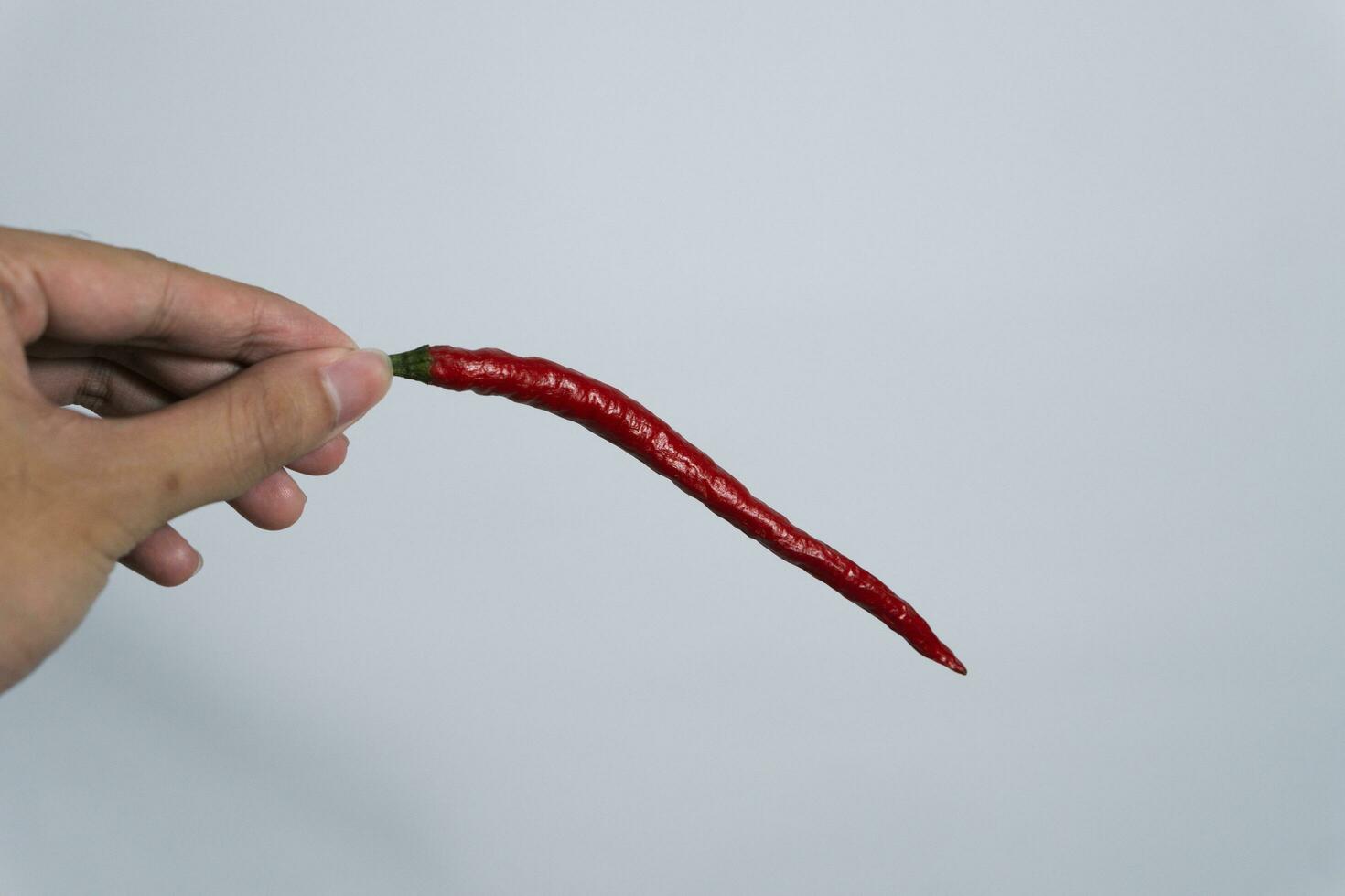 Woman's fingers holding a beautiful red hot chili pepper. Isolated on white background. Empty place for text. photo