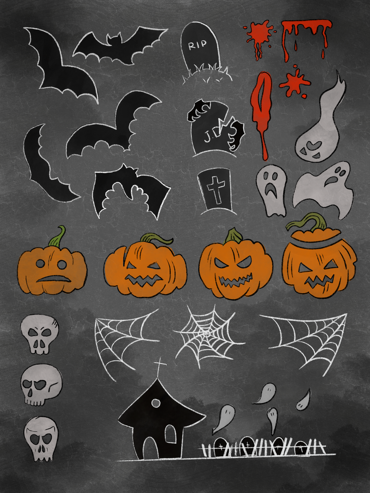 Halloween attribute set. Pumpkins, bats, ghosts, skulls, cobwebs on a dark spooky background psd