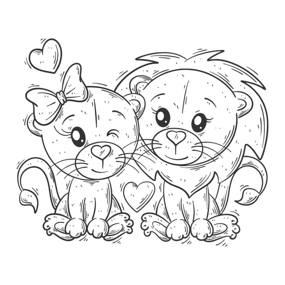 A pair of cute lions sitting together for coloring vector