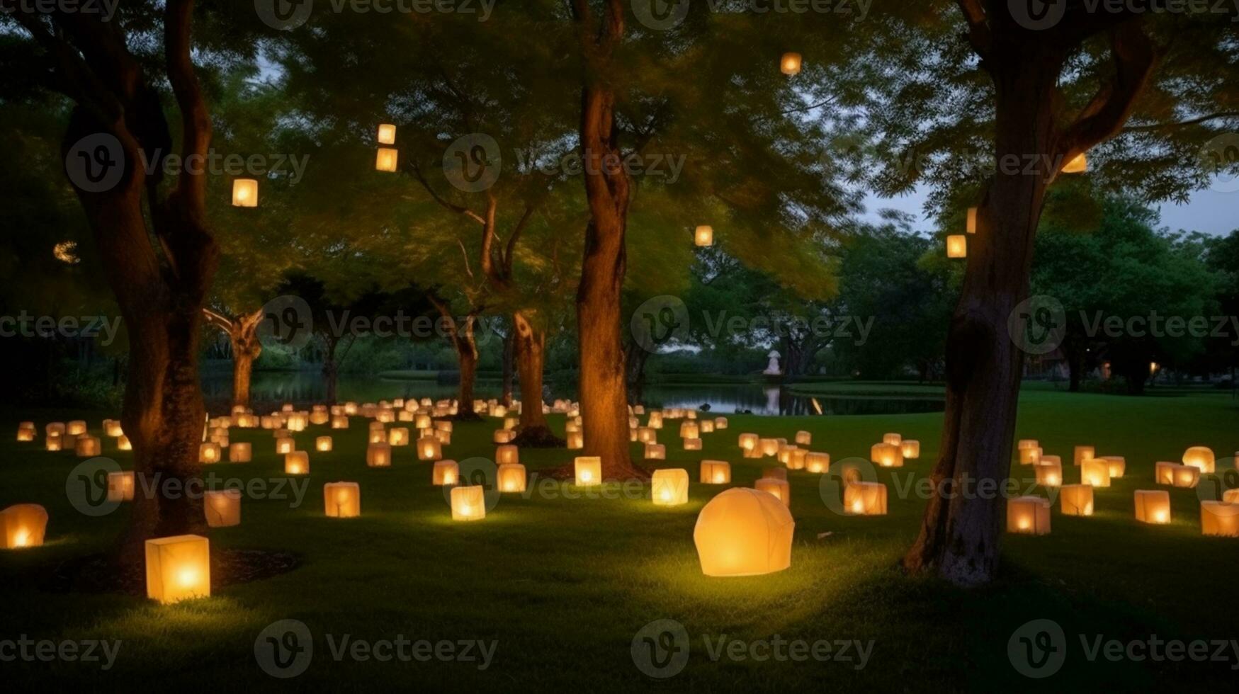 The beauty of nature is illuminated by glowing lanterns in a romantic outdoor setting ai generated photo