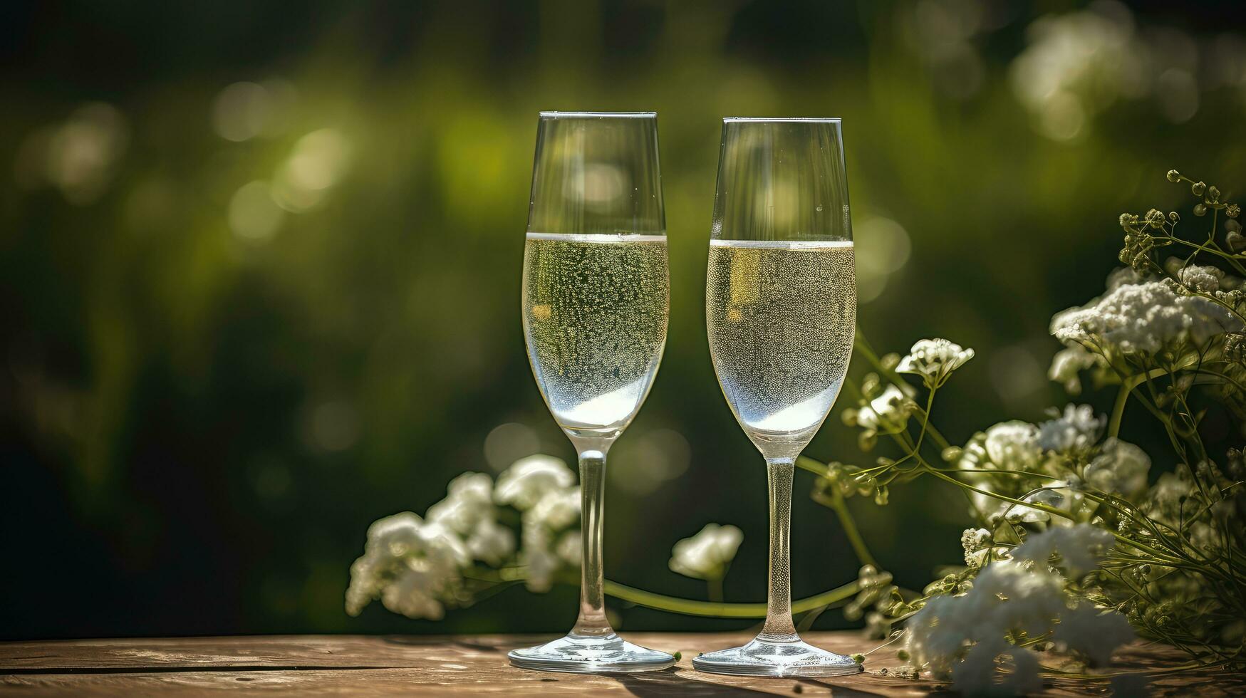 Two glasses of sparkling wine on nature background. Generative AI photo