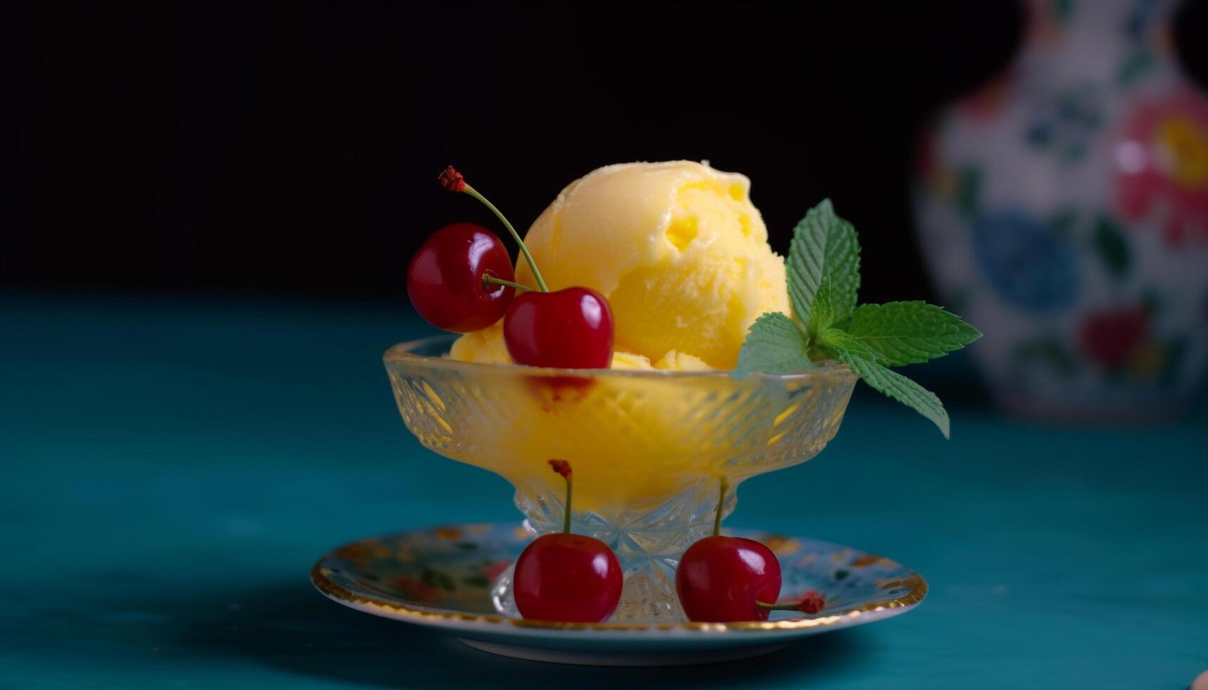 Freshness and sweetness in a gourmet summer dessert on a table generated by AI photo