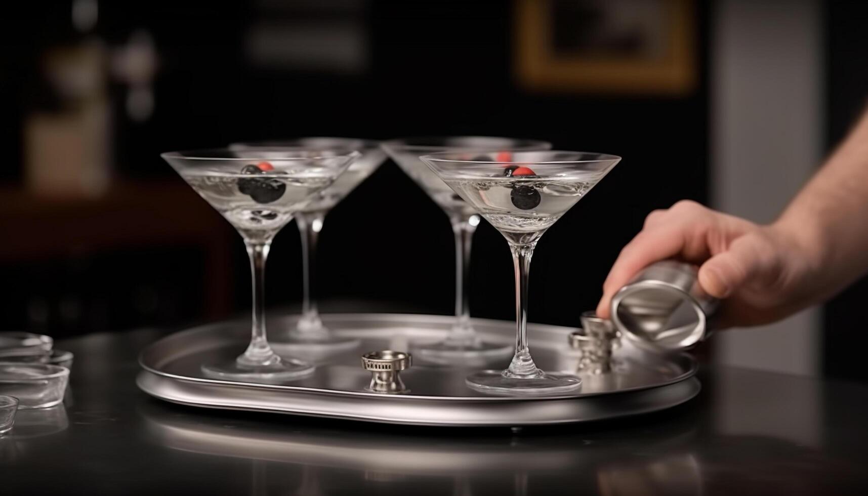 Bartender pouring cocktail, hand holding glass, elegant bar counter service generated by AI photo