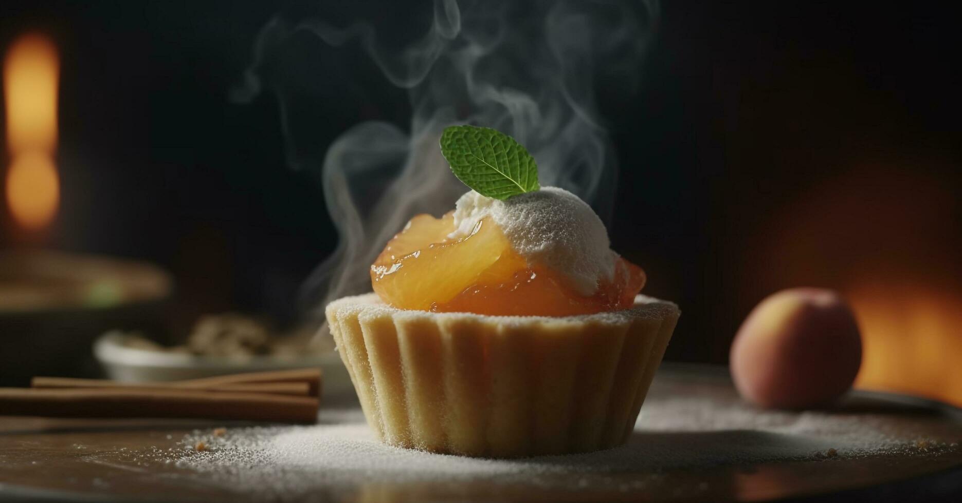 Homemade gourmet cupcake with fresh fruit decoration on rustic table generated by AI photo