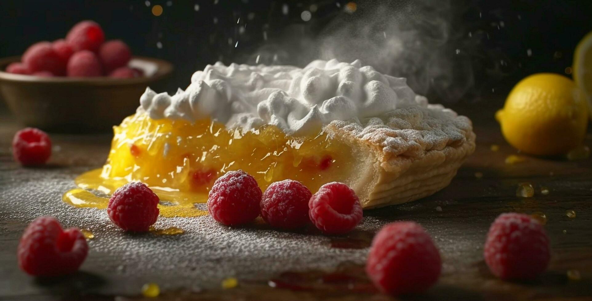 frambuesa postre, gastrónomo frescura, dulce tarta, hecho en casa, sano comiendo generado por ai foto