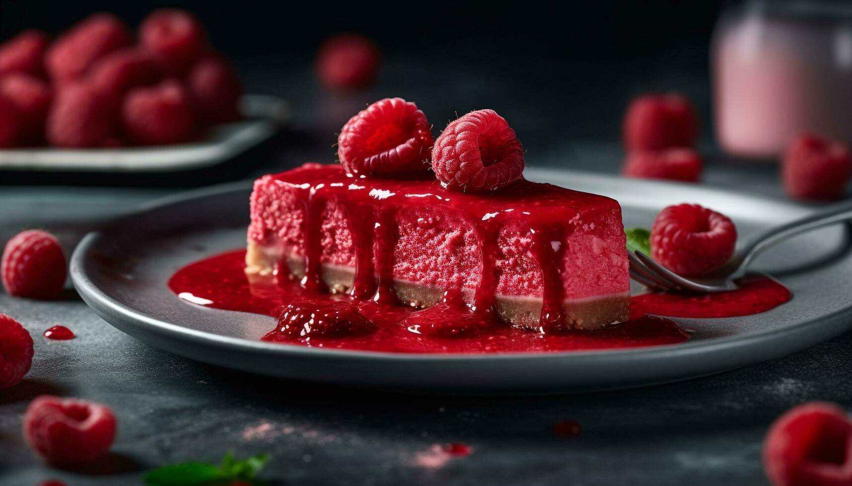 Raspberry dessert, gourmet fruit on plate, homemade chocolate cheesecake generated by AI photo