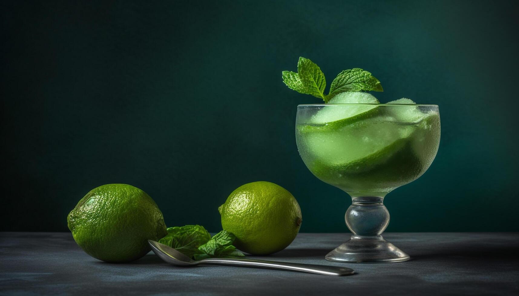 Fresh lime mojito, citrus cocktail with mint leaf and ice generated by AI photo