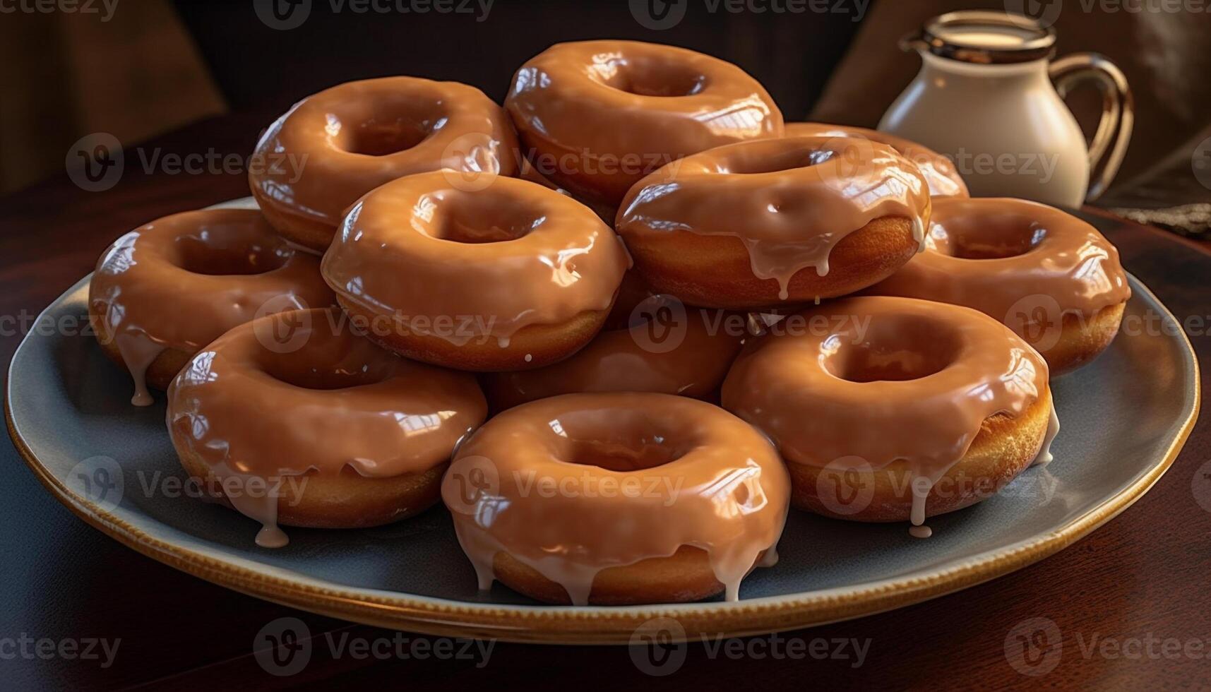 Indulgent homemade donut stack on wooden table, ready to eat temptation generated by AI photo