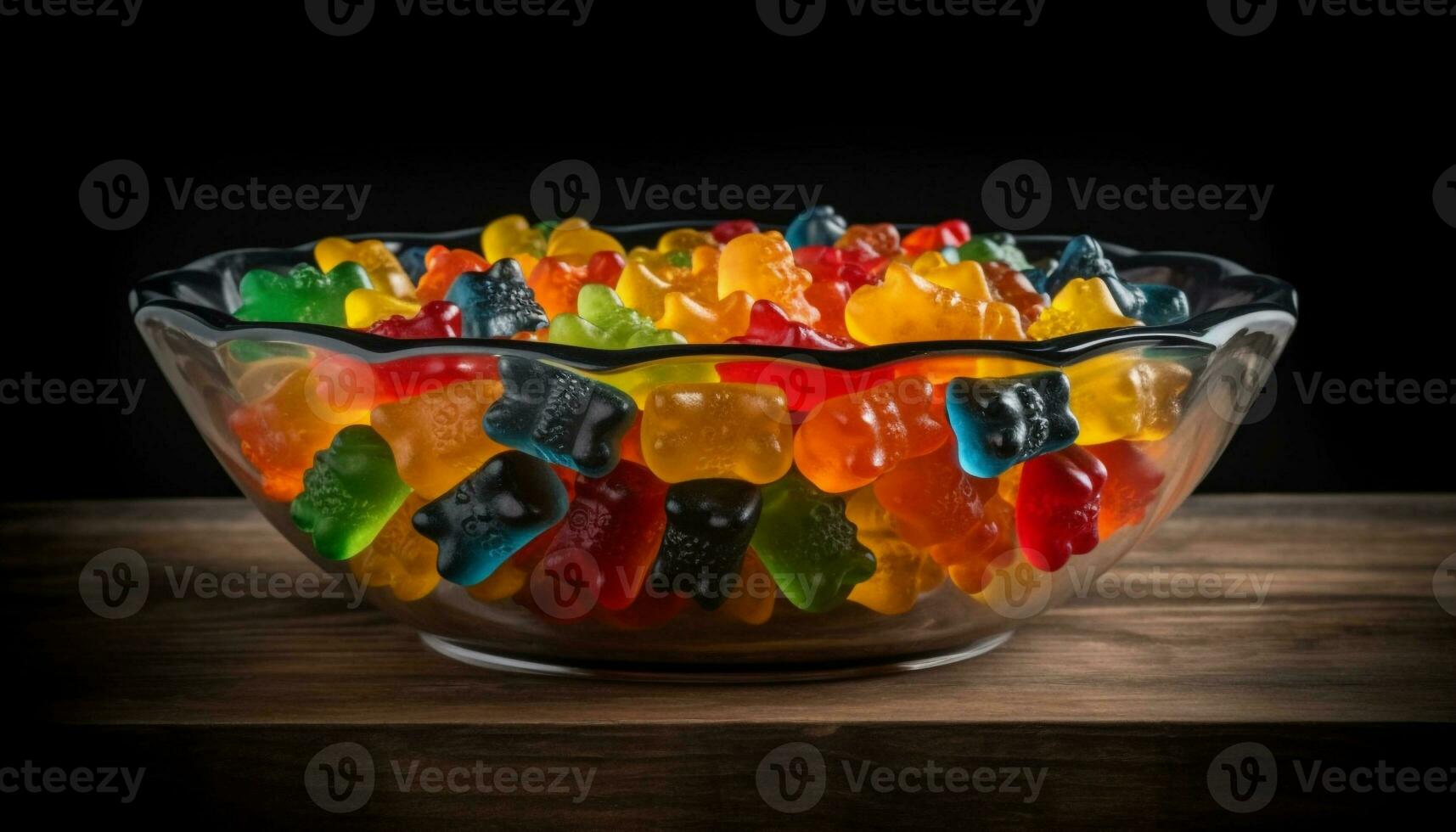 Multi colored bowl of candy, sweet food variation on wood   generated by AI photo