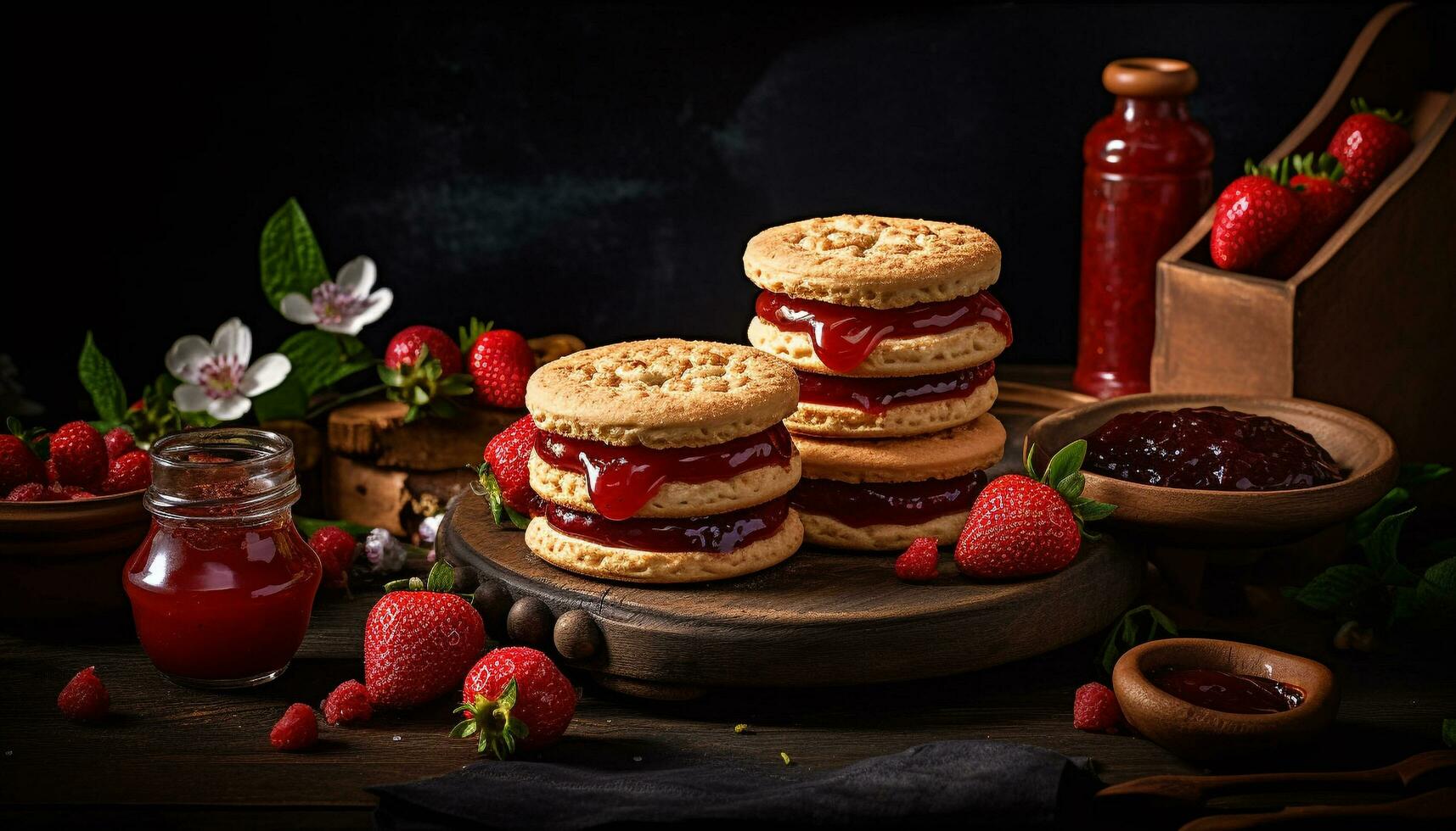Fresh homemade strawberry pancake on a rustic wood table   generated by AI photo