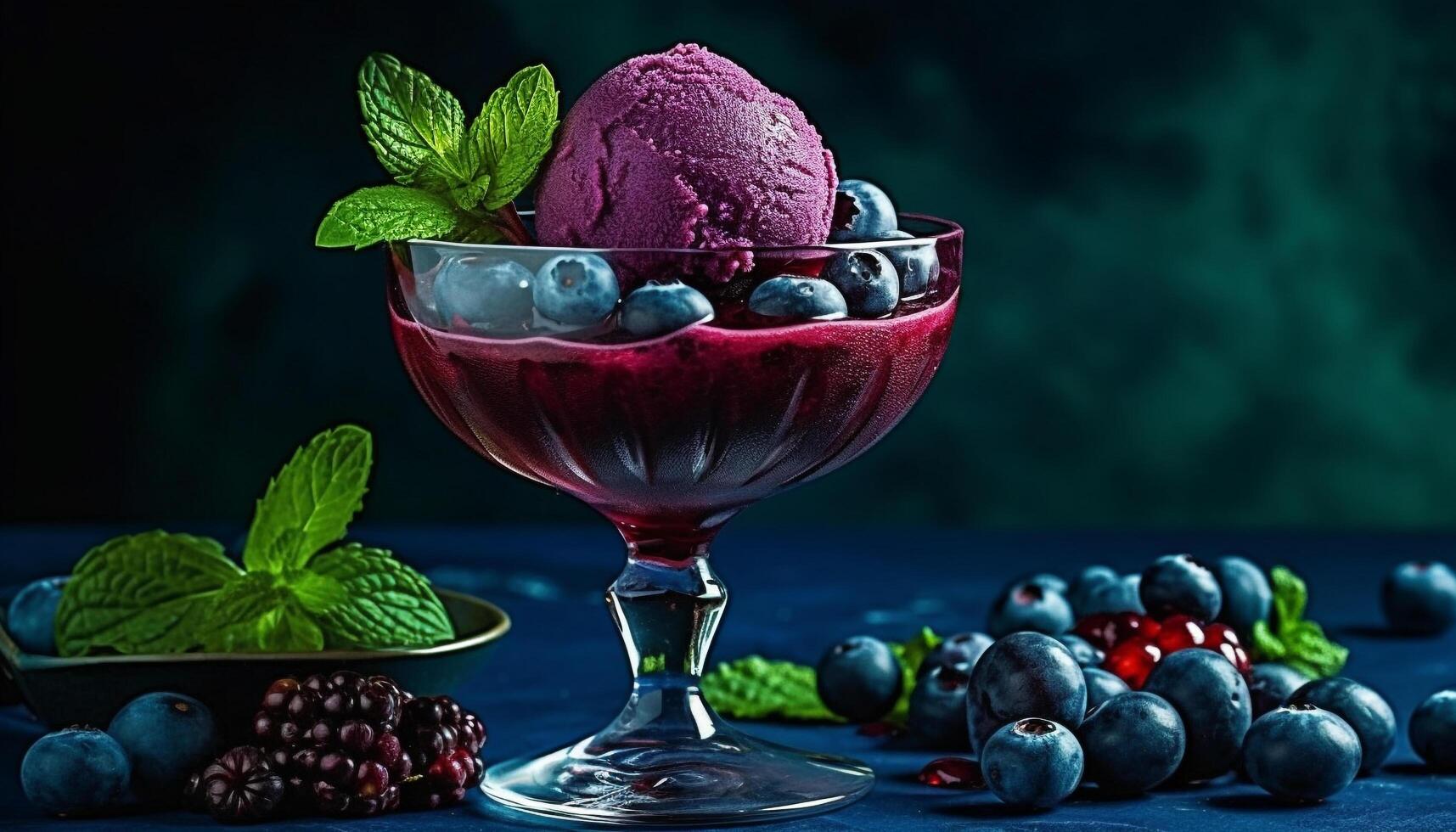 Fresh blueberries and raspberries on a wooden bowl, a gourmet dessert generated by AI photo