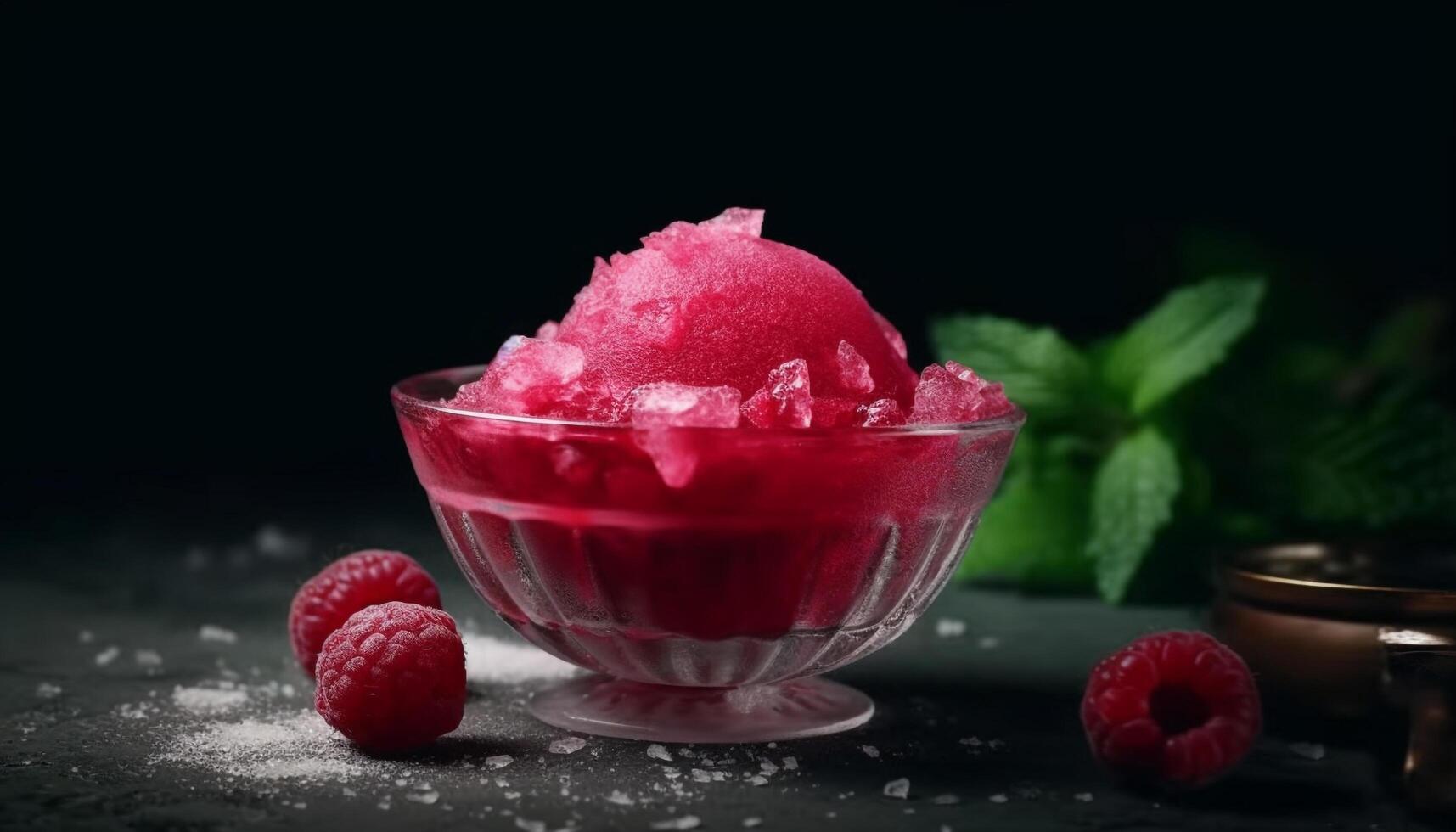 Freshness and sweetness in a bowl of raspberry ice cream generated by AI photo