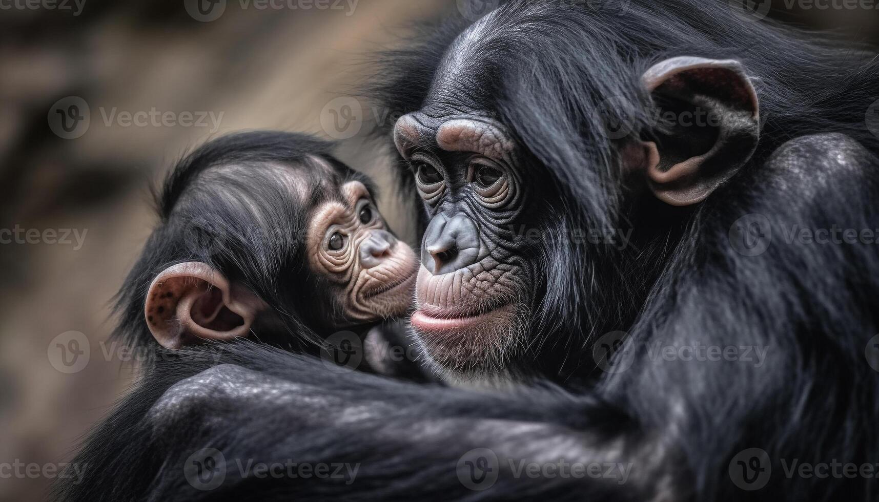 Primate family sitting in African rainforest, staring with love generated by AI photo