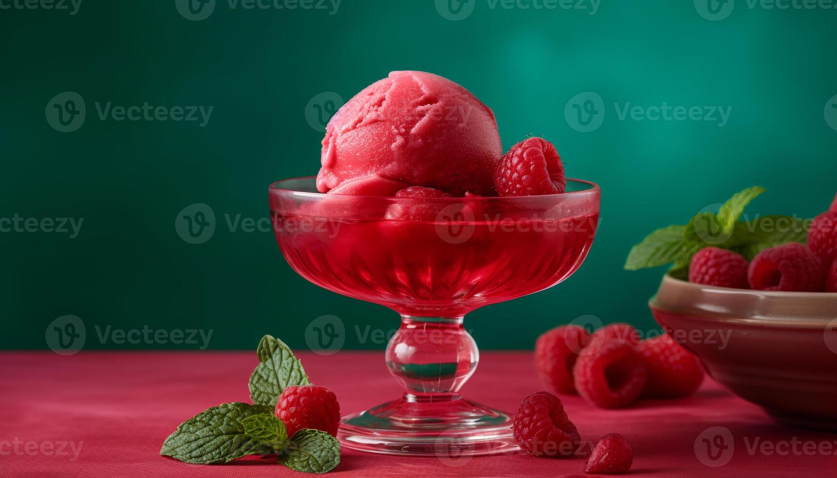 Freshness and sweetness in a bowl of gourmet raspberry dessert generated by AI photo