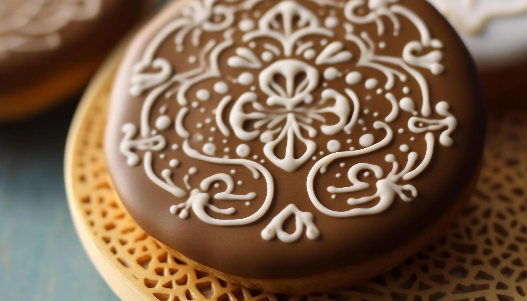 Homemade chocolate cookie with icing, decorated with fresh fruit generated by AI photo