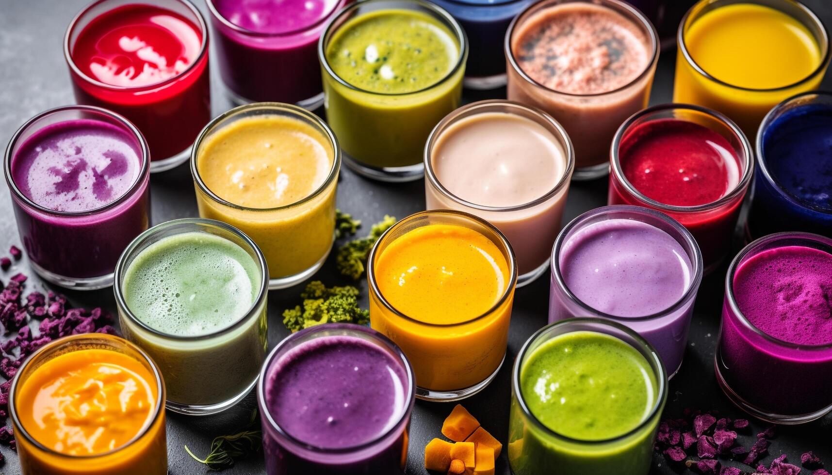 A vibrant collection of colorful drinks on a glass table generated by AI photo